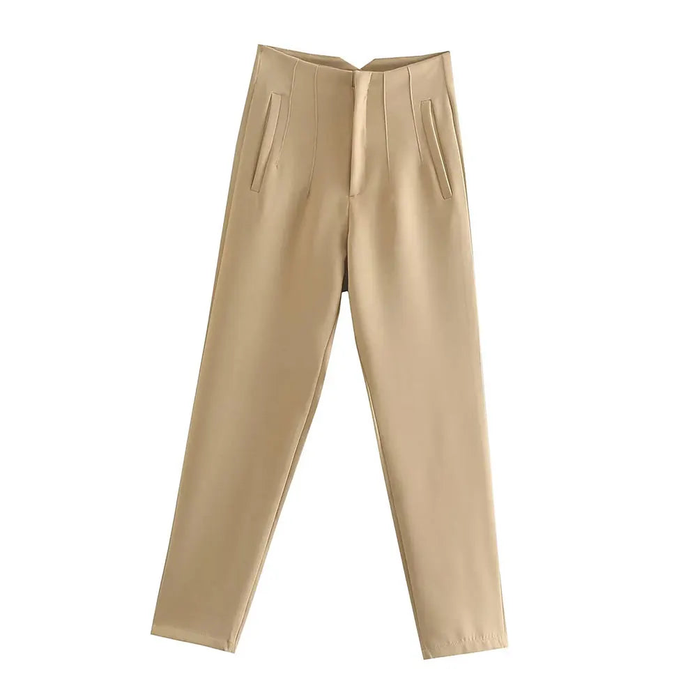 DUOPERI Women Fashion Solid Basic High Waist Trousers Chic Female Office Lady Casual Business Workwear Long Pant
