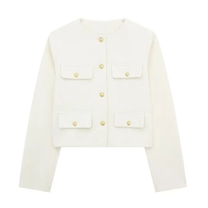 HH Women Vintage Solid Coat Button Long Sleeve O Neck Jacket With Pocket 2024 Spring Elegant Female Casual Outerwear Jakcet