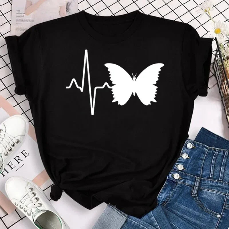 Y2k Women's Colorful Butterfly Petal Print T-Shirt, Short Sleeve, Round Neck, Cute Graphic Tee Shirts, Female Tops Clothes