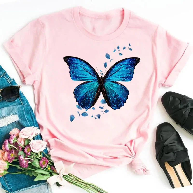 Y2k Women's Colorful Butterfly Petal Print T-Shirt, Short Sleeve, Round Neck, Cute Graphic Tee Shirts, Female Tops Clothes
