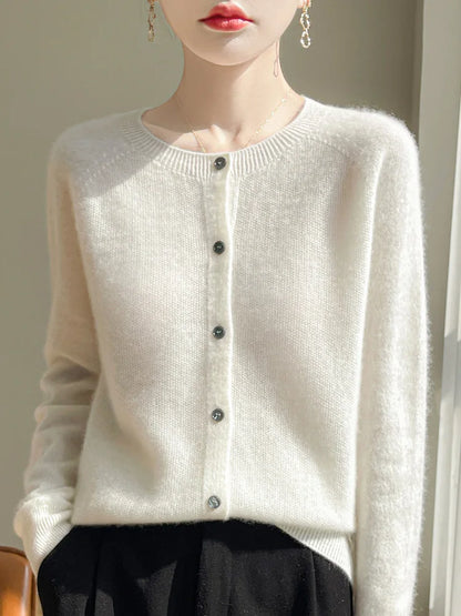 Women 100% Merino Wool Cardigan Soft O-Neck Cashmere Sweater OL Buttoned Knitwear Casual Top Clothing Korean Style