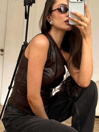 2024 Fall Snd Winter New Pure Color Slim Sleeveless One-Shoulder Slanting Collar Zipper Show Thin Jacket