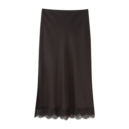 TFMLN Elegant Lace Splice Satin Half Skirt Women's Fashion Wrap Around Long Skirt High Quality Feel New 2025 Style