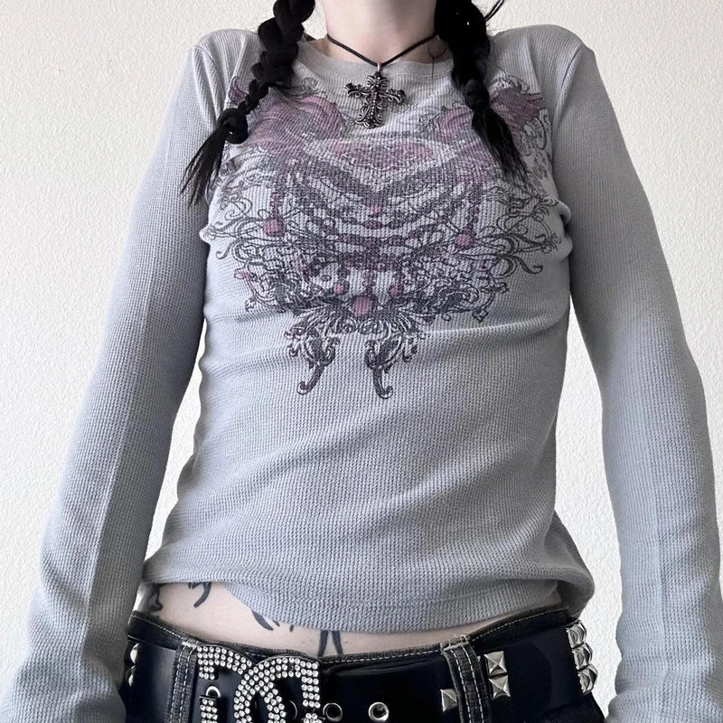 Y2K Grunge Cyber Mall Goth Thermal T-shirt Skulls Graphic Print Long Sleeve Pullovers Tops Women 90s Vintage Aesthetic Tees