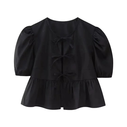 HH Fashion Solid Hollow Out Shirt Women Causal O Neck Short Sleeved Lace Up Tops Chic Female Casual Blouse Streetwear 2024