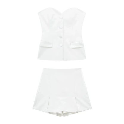 2024 Summer Fashion Woman Shorts Set Solid Chic Slim Tube Corset Top + Commuet Office Lady Wild Female Culottes Street