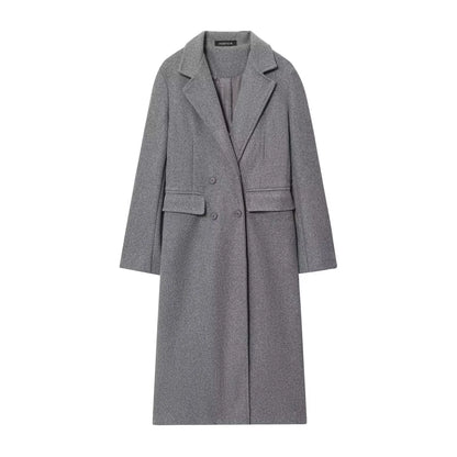 HH Women Fashion Burgundy Coat Double Breasted Long Sleeve Lapel Blends Jacket Autumn Winter High Street Outerwear