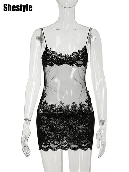Shestyle Lace Transparent Mini Dress Sexy Women Wrapping Spaghetti Embroidery Flower Sheath Nightwear Club Mesh Wave Fantacy