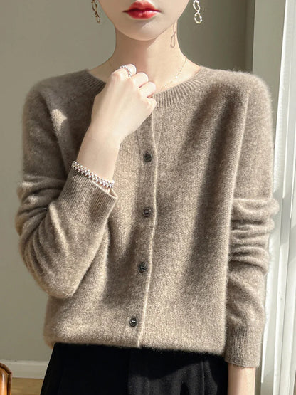 Women 100% Merino Wool Cardigan Soft O-Neck Cashmere Sweater OL Buttoned Knitwear Casual Top Clothing Korean Style