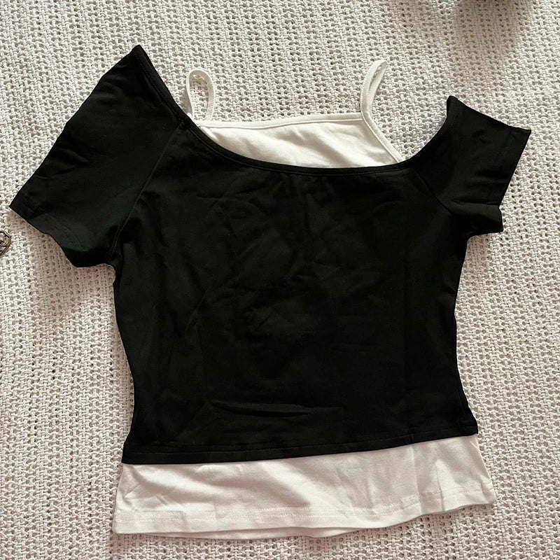 Asthetische Goth Fledermaus Brief Y2K Stil zweitelige T-Shirt Kurzarm Weste Harajuku Streetwear Hosentrger Frauen Kleidung Shirt