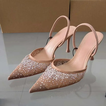 2025 Summer New Women's Sandals Water Diamond Bright Mesh High Heels Footwear Elegant Slingback Pointed Slip on Party Lady Shoes