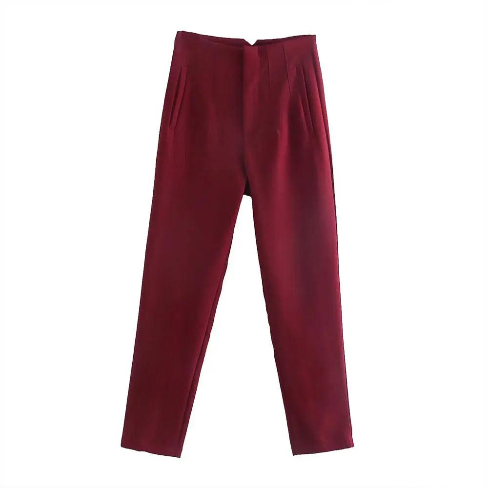 DUOPERI Women Fashion Solid Basic High Waist Trousers Chic Female Office Lady Casual Business Workwear Long Pant