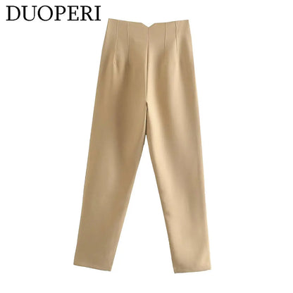 DUOPERI Women Fashion Solid Basic High Waist Trousers Chic Female Office Lady Casual Business Workwear Long Pant