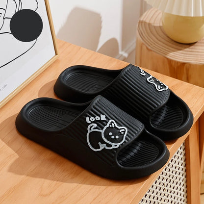 Cute Cartoon Kitten Women's Summer Slippers Indoor Bathroom Cloudy Soft Sole Non-slip Leisure Comfort Couple Home Shoes