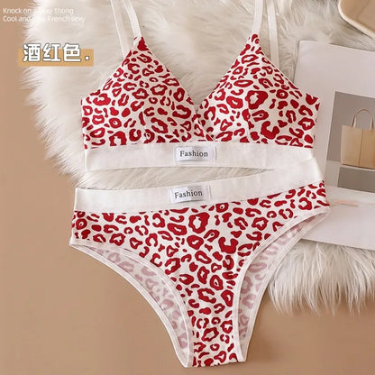 2025 Summer New Women's Leopard Print Traceless and Steel Rim Bra Adjustable Shoulder Strap Back Women's Underwear Set