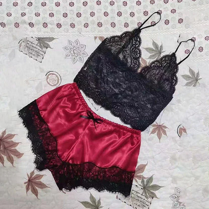 Sleepwear Womens Sexy Pajamas Set Lace Nachtkleding Lingerie Sleeveless V-Neck Tops and Shorts Sets Nightwear Loungewear