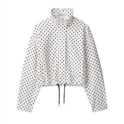 HH Women Elegant Fashion Polka Dot Pink Jacket Single Breasted High Collar Drawstring Coat Spring Lady Trend Street Outwear