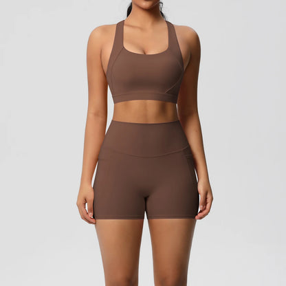 2PCS Sportswear With Pocketed Yoga Set Gym Clothes Yoga Suits For Women Tracksuits Sports Shorts Crossover Bra Gym Leggings