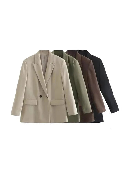 Women Fashion Double Breasted Loose Fitting Blazer Coat Vintage Long Sleeve Pockets Female Outerwear Chic Veste Femme