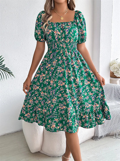 Msfilia Leisure Square Collar Spring Summer Dress Women Short Sleeve Loose Waist Design Lotus Leaf A-shaped Print Dress