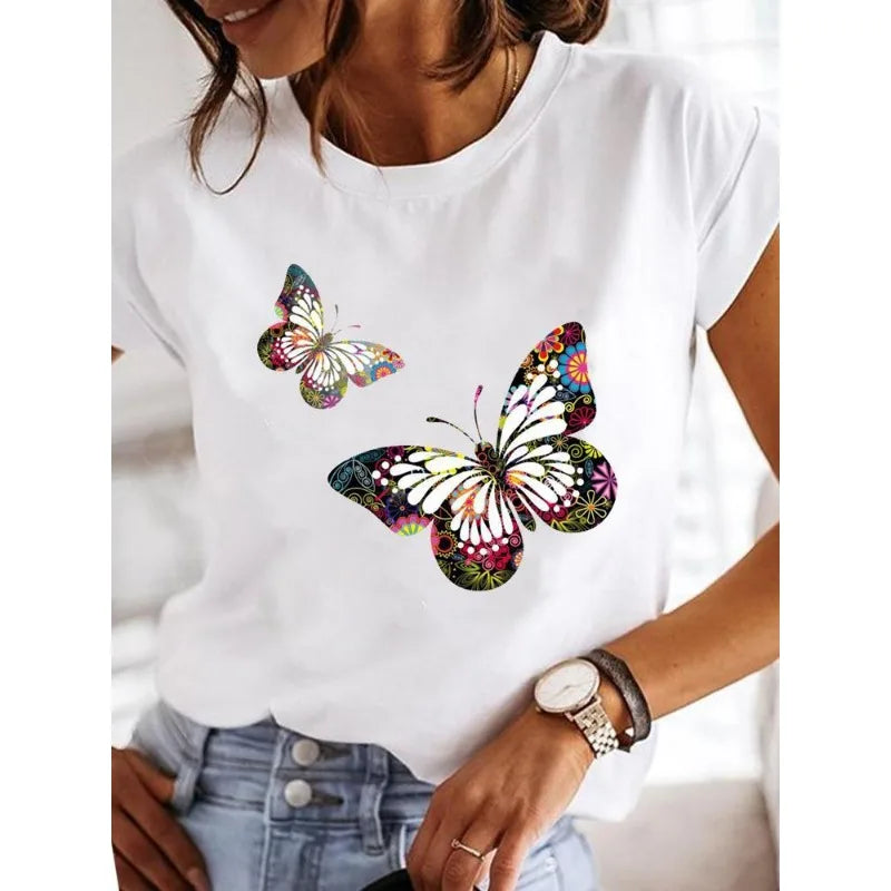Women's Short-sleeved Explosive Insect Butterfly Dragonfly Print Round Neck T-shirt Women Clothes  Oversized T Shirt  Harajuku