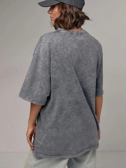 2025 new casual versatile 100% heavyweight cotton short-sleeved t-shirt female washed black do old retro American ins loose top