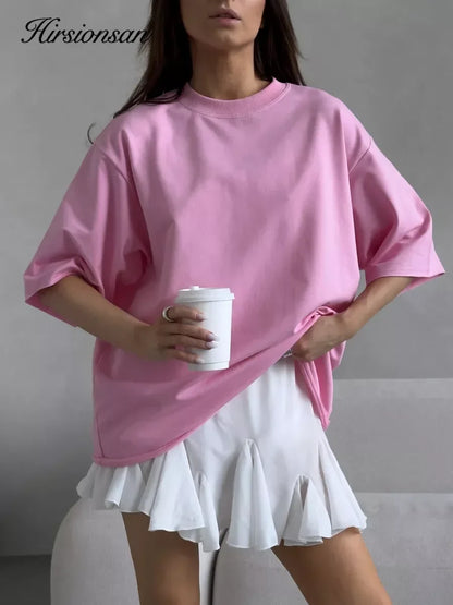 Hirsionsan Summer Casual Oversized T-shirts Women 100% Cotton Pink Loose Tees 2025 New Cusual Solid O Neck Female Aesthetic Tops