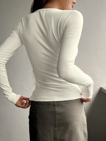 Women's Plain Half Button Front Ribbed Tee, Fashion Top, Casual Fit Long Sleeve Round Neck T shirt