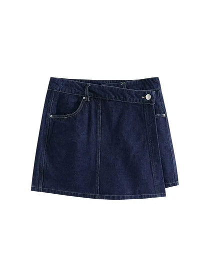 2025 Women's Fashion Flip Pocket Decoration Short Flip Collar Slim fit denim Top + Asymmetric Denim Skirt 2 Piece Set