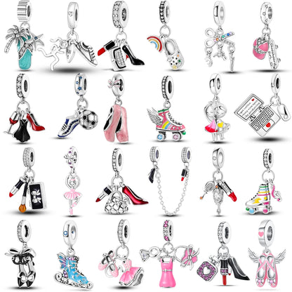 Fit Original Bracelet 925 Silver Ballet Girl Red High Heels Charms Pendants For Women Jewelry Making Gift