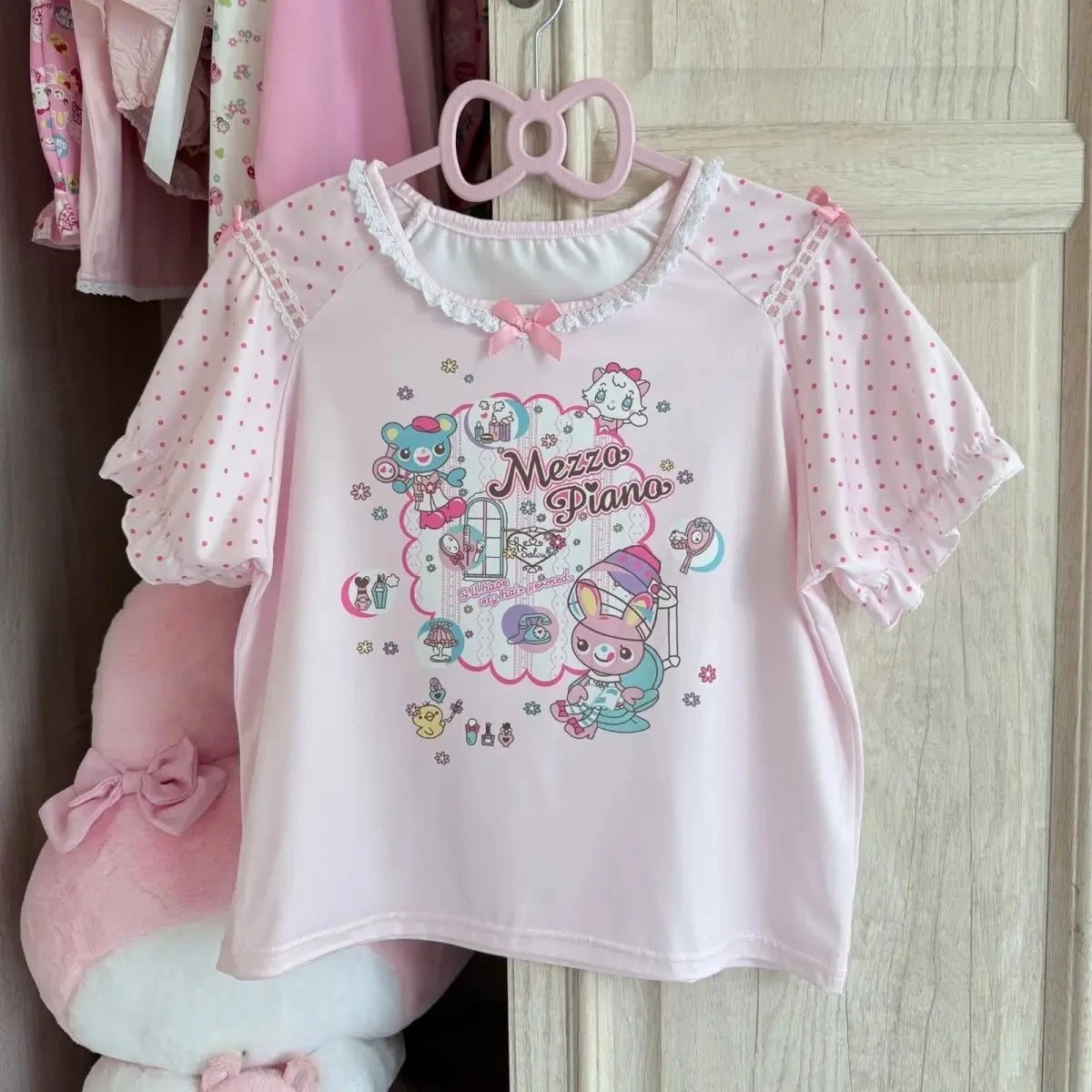 Japanese Kawaii Crop Tops Cartoon Print Harajuku Lolita Short Sleeve T-shirts Women Y2k Aesthetic Slim Tee Vintage Fairy Grunge