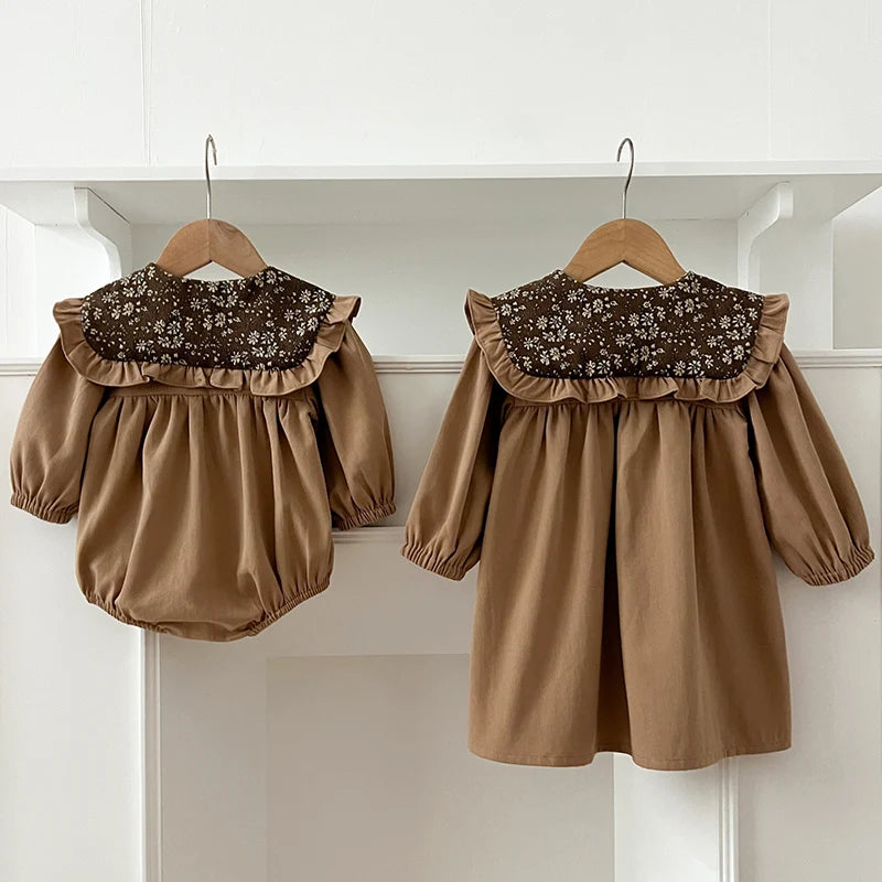 New Autumn Sister Clothes Infant Baby Girls Party Dress Long Sleeved Vintage Flower Toddler Baby Bodysuits Kids Princess Dress