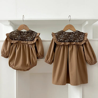 New Autumn Sister Clothes Infant Baby Girls Party Dress Long Sleeved Vintage Flower Toddler Baby Bodysuits Kids Princess Dress