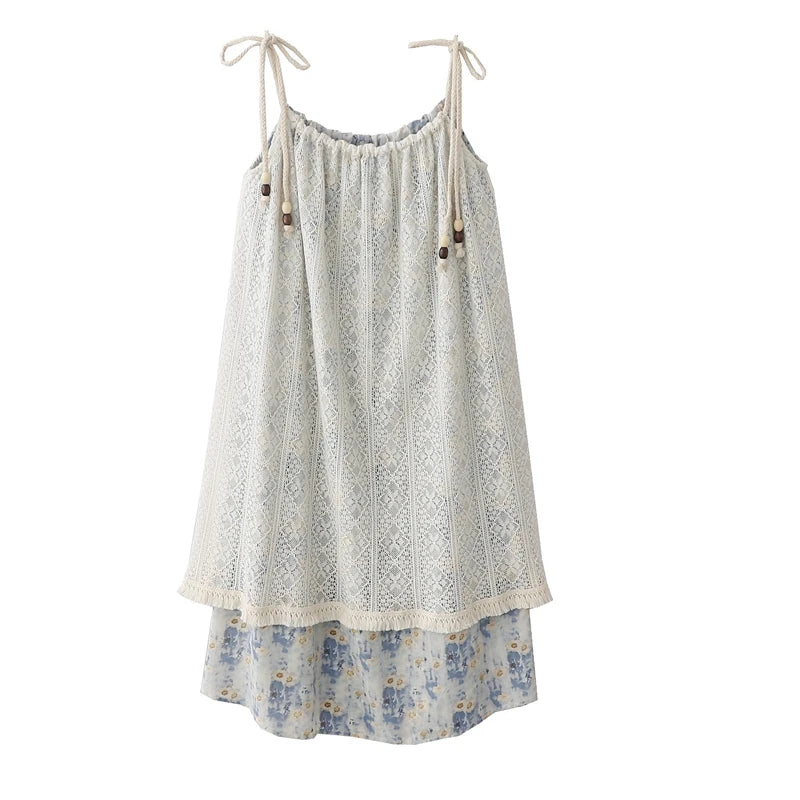 Women's Summer New French Resort Style Lace Spliced Suspender Dresses Female Slimming Temperament Age-reducing Mid-length Dress