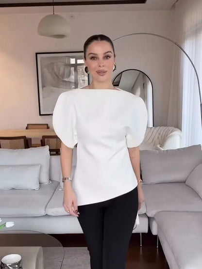 HH Women Vintage Black Short Puff Sleeve Shirts O Neck Asymmetrical Hem Blouse 2026 Spring Trend High Street Lady Chic Tops