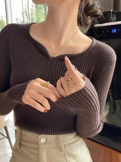 2026 Basic V-neck Chic  Autumn Winter Pullover Women Female Knitted Ribbed Sweater Slim Long Sleeve Badycon High Quality Sweater