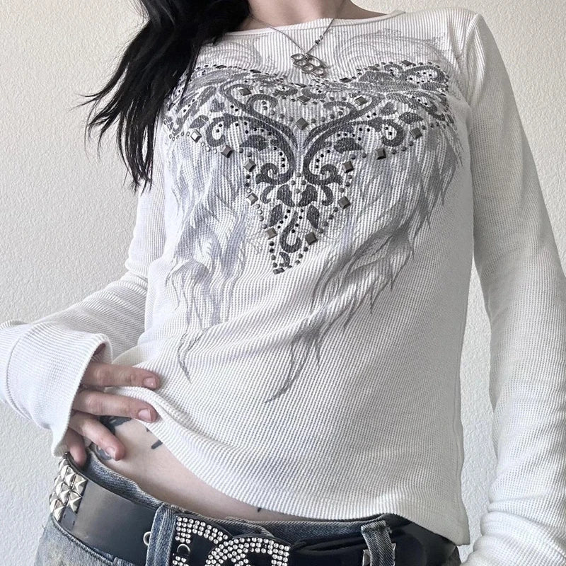 Y2K Grunge Cyber Mall Goth Thermal T-shirt Skulls Graphic Print Long Sleeve Pullovers Tops Women 90s Vintage Aesthetic Tees