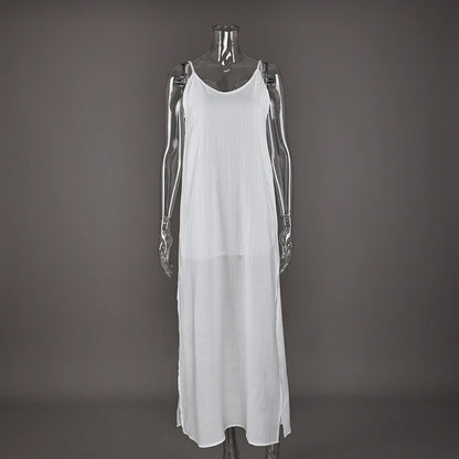 Linad Summer Casual White Long Dress Sexy Loose Backless Split Dresses Woman Street Chic V Neck Straight Dress For Women 2025