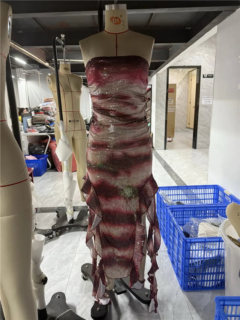 Women Halloween Shark Tale Lola Costume Dress Anime Sexy Ruffle Hem Fish Strapless Tube Cosplay Maxi Dress