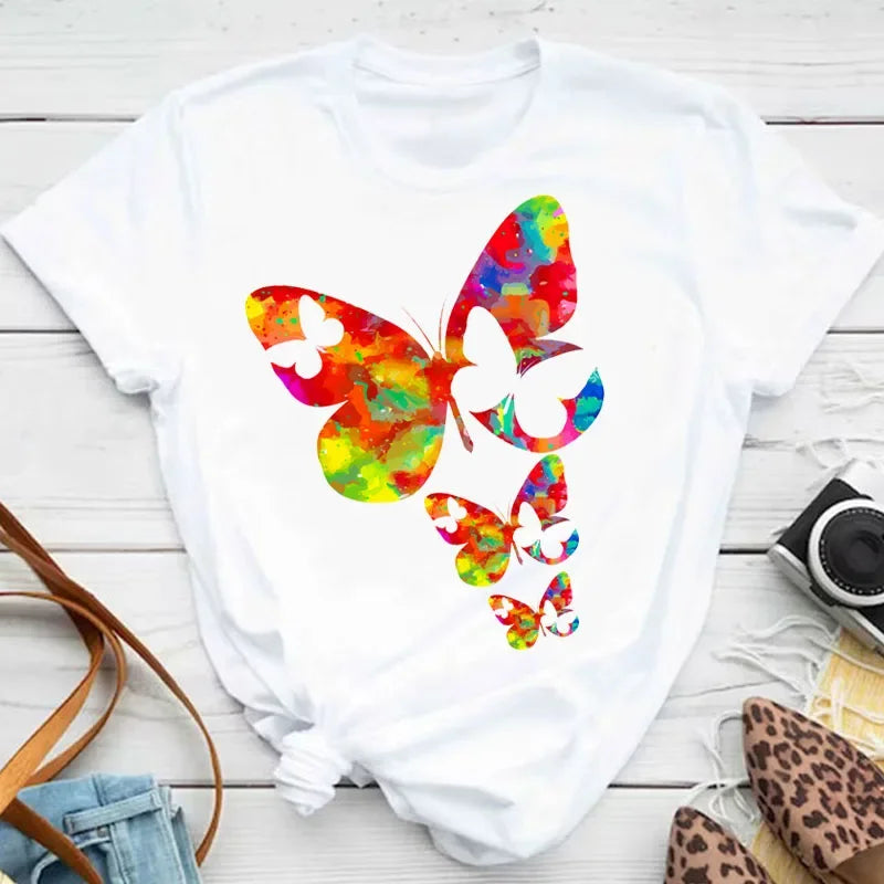 Y2k Women's Colorful Butterfly Petal Print T-Shirt, Short Sleeve, Round Neck, Cute Graphic Tee Shirts, Female Tops Clothes