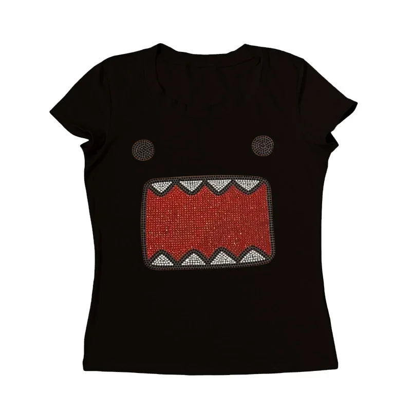 2025 summer new women Y2K Girl Retro Hot Fix Rhinestone Application Round  Neck Top T-shirt  Funny Vintage Tama Jun Top
