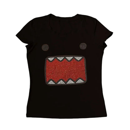 2025 summer new women Y2K Girl Retro Hot Fix Rhinestone Application Round  Neck Top T-shirt  Funny Vintage Tama Jun Top