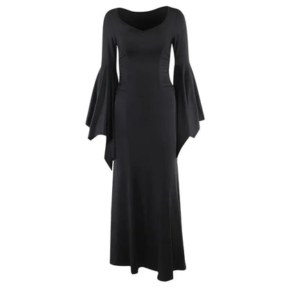 Halloween Costume Women Batwing Sleeve Floor Dress Black Gothic Evil Terror Maxi Mistress Morticia Addam Family Outfit For Adult