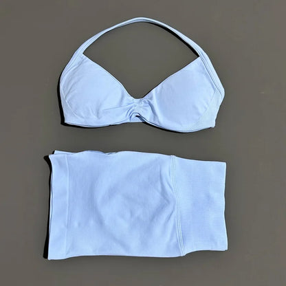 HISTELLO Gym Set 2 Piece Women Strappy Yoga Bra Top Workout Scrunch Shorts Sports Suit Fitness Clothes Seamless Yoga Set