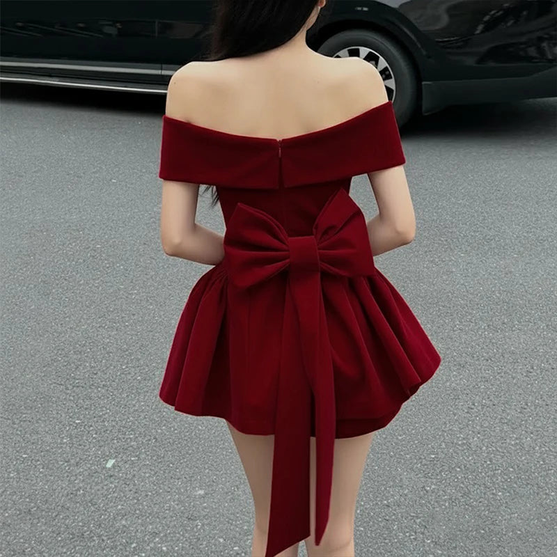 BKLD Fashion Red Bowknot Mini Dress Straps Square Collar Sleeveless Backless Vintage Cute Ladies Slim Party Short A-line Dresses