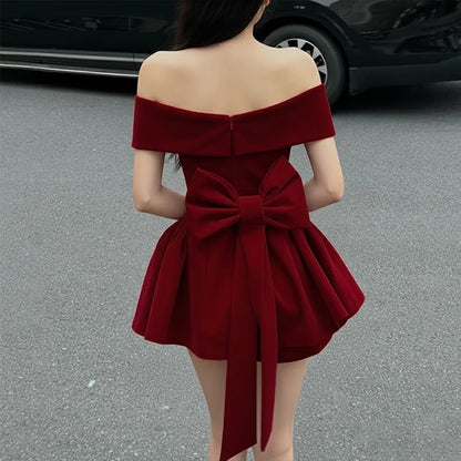 BKLD Fashion Red Bowknot Mini Dress Straps Square Collar Sleeveless Backless Vintage Cute Ladies Slim Party Short A-line Dresses