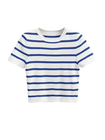 Women Fashion Striped Basic Cropped Knit Sweater Vintage O Neck Short Sleeve Female Pullovers Chic Tops