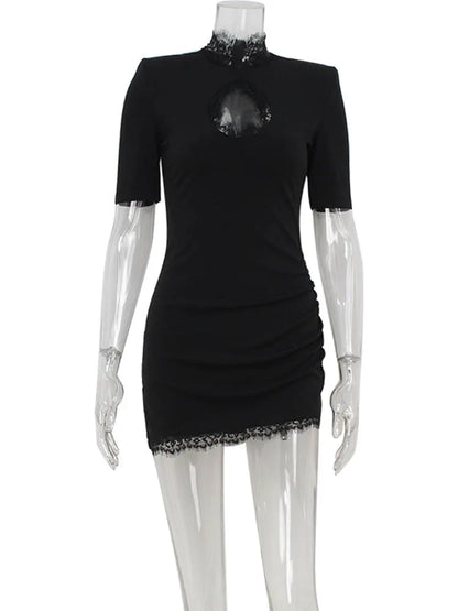 Huhugirl Lace Patchwork Hollow Out Bodycon Sheath High Collar Women Dresses Half Sleeve Outfits Sexy Club Fashion Female Vestido