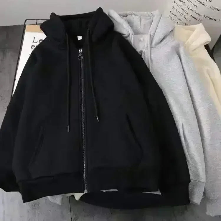 Korean Fashion Simple Gray Double Sided Oversized Zipper Hoodie Women Y2K New Harajuku Gothic Casual Joker Couple Sweatshirt