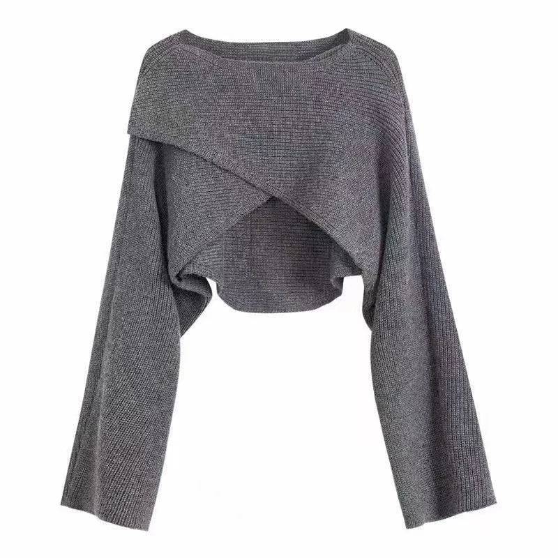 Women Crisscross Sweater Crop Pullover Relaxe-fit Cross Front Knit Wrap Jumper Knitwear Teen-girl Fall Winter Elegant Outfit